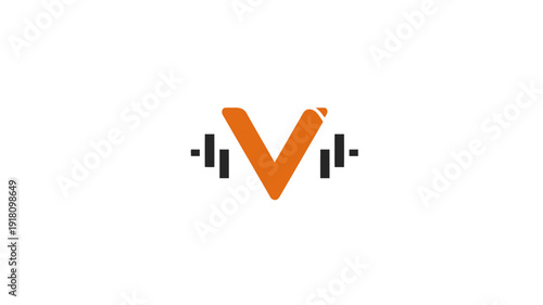 Stylized orange letter V with barbell weights icon, symbolizing fitness, strength, gym, and workout. Minimalist graphic design.