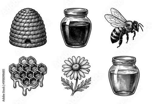 Set of vintage woodcut style honey production illustrations featuring beehive, bee, honeycomb, daisy, and jars.