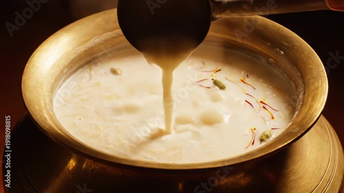 Creamy Rice Pudding With Saffron Cardamom In A Traditional Brass Pot Stirred By Hand