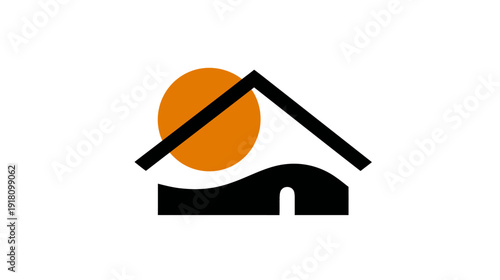 Minimalist house icon with sun and landscape. Modern property, real estate, home, warmth, energy, comfort, environment graphic.