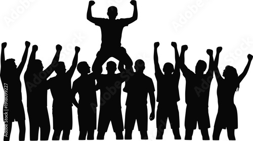 Silhouette of cheering crowd celebrating victory with winner lifted in the air. Team success and triumph concept vector illustration isolated on white background.