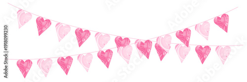 Watercolor pink flag garland with heart pennants hanging as festive bunting decoration for kids birthday party baby welcome isolated on white background illustration