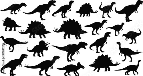 Set of black dinosaur silhouettes including Tyrannosaurus Rex Triceratops and Stegosaurus for prehistoric education school projects and creative children illustration