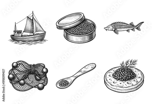 Vintage black and white engraving set featuring sturgeon fish, black caviar tin, fishing boat, and nautical equipment