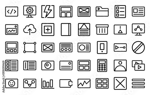 Digital interface icon collection. Heavyweight vector pictograms of computer, cloud, folder, browser, calculator, player, and chart in a thick outline style.