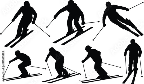Skiing silhouette set of winter sport athletes in downhill and slalom action poses with ski poles isolated on white background for design use.