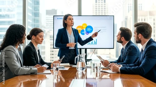 Businesswoman leads meeting presenting charts and graphs on screen.