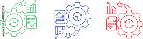 Green blue and red gear with charts and documents cogwheel symbol