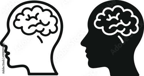 Two human head silhouettes with brains visible inside  thinking concept