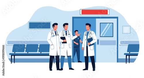 Medical team of doctors in hospital corridor illustration