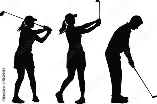 Golf players silhouettes collection with swing and putting poses vector illustration isolated on white background