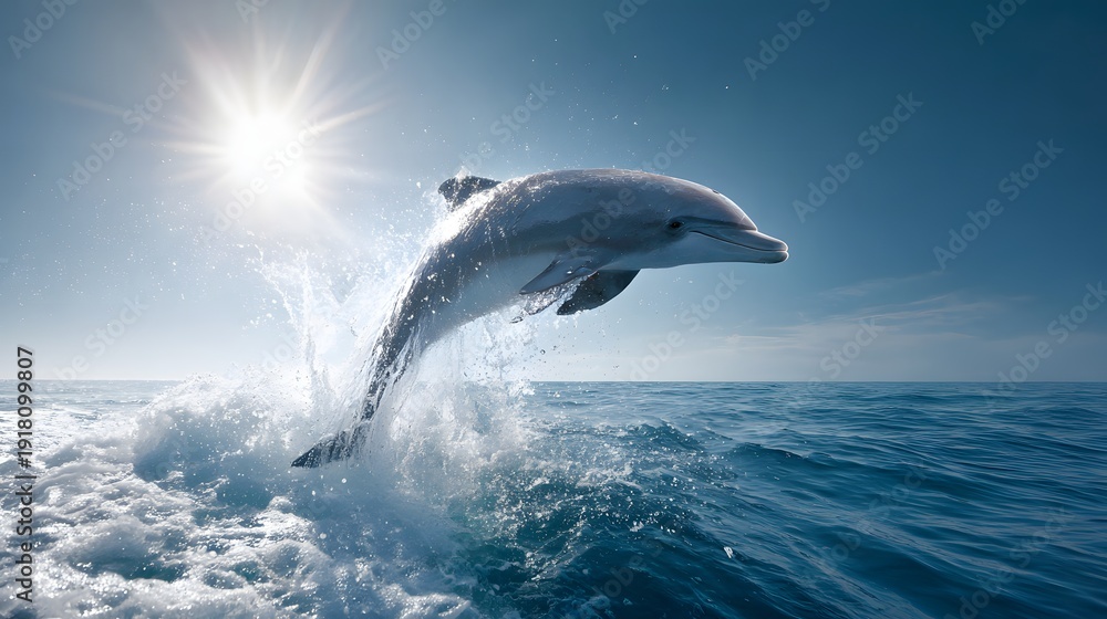 Fototapeta premium Dolphin Leaping from Ocean Waves with Bright Sun in Blue Sky.