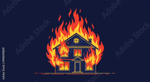 Illustration of a two story house engulfed in flames