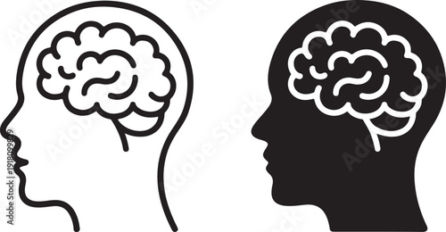 Two human head silhouettes with brains visible inside profile view