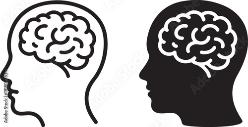 Two human head silhouettes with visible brains inside  side view