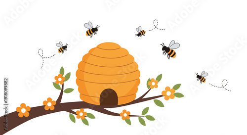 Honey bee hive hanging on tree branch with flowers
