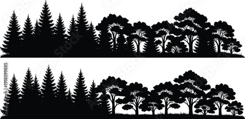 Tree silhouettes collection, coniferous and deciduous forest, vegetation shapes, nature outline, woodland vector illustration, landscape design, ecology artwork, flavector