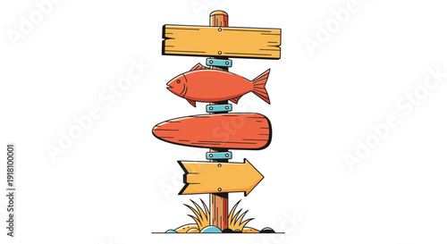 Wooden directional signpost with fish and arrow plaques