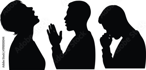 Silhouettes of a person expressing emotions: shouting, praying, and reflecting, capturing a variety of emotional states and gestures.