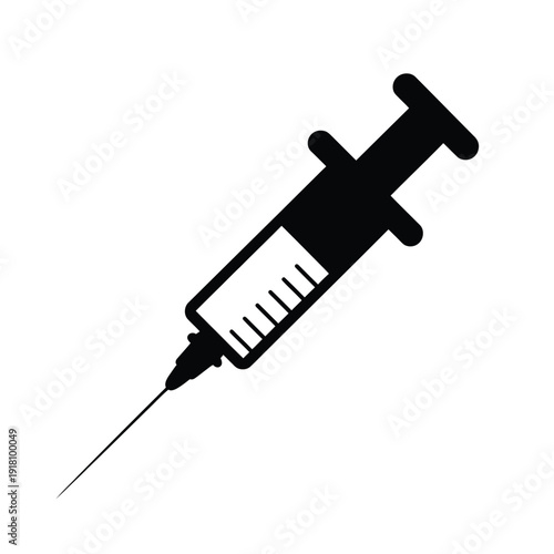 Simple black and white illustration of a medical syringe for injection