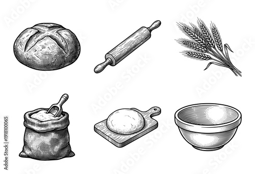 Vintage engraving style bakery illustration set featuring bread loaf, rolling pin, wheat stalks, flour sack, dough, and mixing bowl.