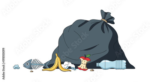 Black trash bag with scattered food waste and plastic bottle