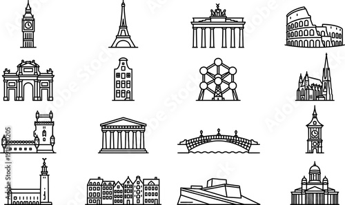 European Capital City Landmarks Line Art Icon Set