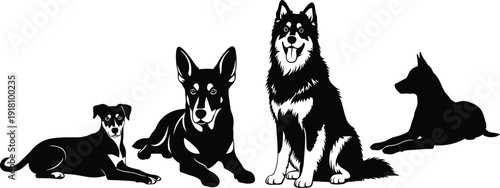 Silhouettes of four different dog breeds: playful puppy, herding dog, husky, and resting dog, all in various poses.