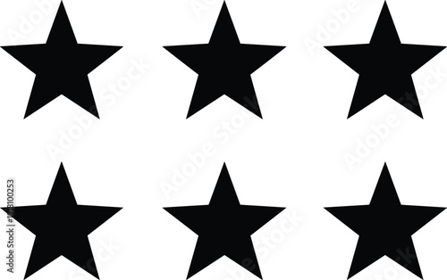 Set of six black five pointed star silhouettes isolated on white background for rating review quality ranking and decorative design
