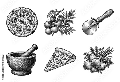 Vintage hand drawn pizza illustration set featuring whole pie, slice, tomatoes, garlic, herbs, mortar and pestle, and cutter in a woodcut engraving style.