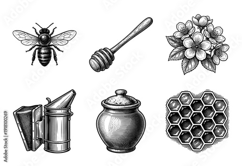 Vintage hand drawn beekeeping and honey production set featuring bee, smoker, jar, honeycomb, and floral elements in woodcut engraving style.