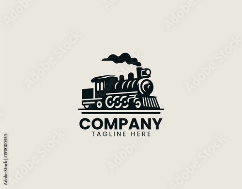 Vintage steam locomotive train with chimney and wheels black vector logo illustration white background