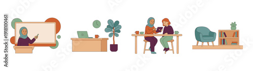 Flat Vector Educational Workspace Illustration Element Kit for Professional Tutoring and Modern Classroom Design