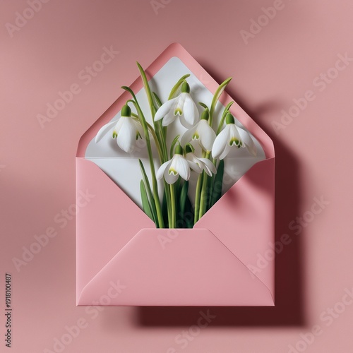 A pink envelope with white flowers inside