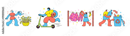 Flat Vector Whimsical Lifestyle Characters Graphic Set for Sustainable Living and Daily Chores
