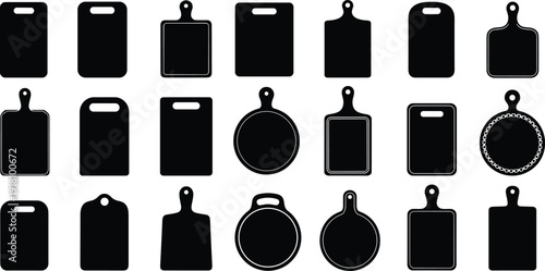 Set of black silhouette cutting board icons for kitchen cooking food preparation wood chopping blocks isolated on a white background