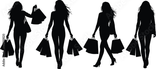 Silhouettes of women happily walking while holding shopping bags, symbolizing retail therapy, consumerism, and stylish shopping spree in fashion.