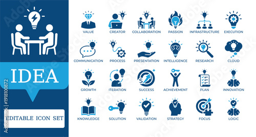 Creative Idea and Innovation Icons. Featuring brainstorming, strategic planning, growth, and solution symbols. Editable vector set for business apps and startup reports