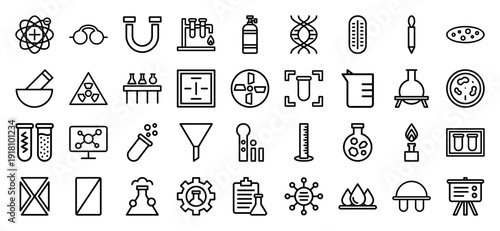 Science and laboratory icon collection featuring heavyweight vector pictograms of atoms, dna, test tubes, flasks, and microscopes in a bold thick outline style.
