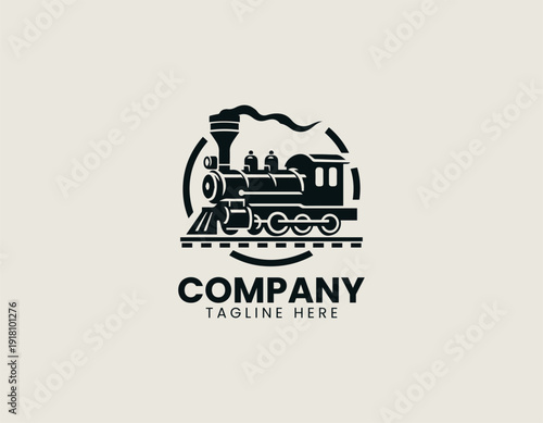 Vintage steam locomotive train with chimney and wheels black vector logo illustration white background