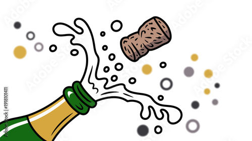 A festive champagne bottle pops its cork, releasing celebratory bubbles and white foam splashes.