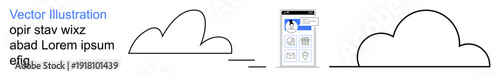 Cloud technology, digital services, mobile applications, IT communication, remote storage, virtual interfaces. Minimalist of clouds and a smartphone interface. Cloud technology and digital services