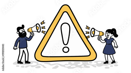 A man and woman shout through megaphones flanking a large yellow triangular caution sign.