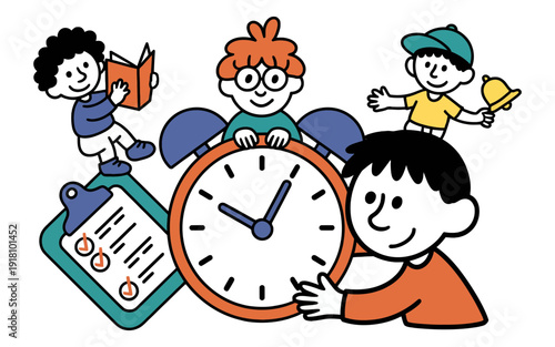 Four cheerful cartoon children interact around a large clock and a checklist, symbolizing time management.