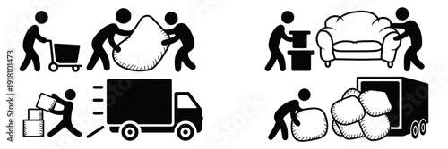 Four black and white pictograms depict the essential processes of moving and delivery services with solid trails.