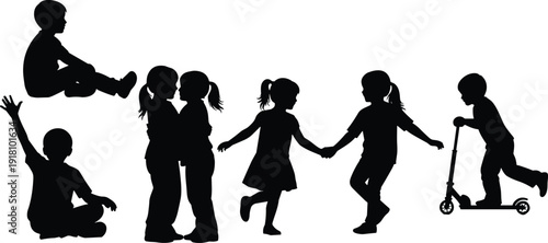 Silhouettes of children playing, jumping, holding hands, and riding a scooter, showcasing active and fun childhood moments on white background.