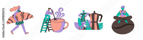Flat Vector Coffee Culture Lifestyle Graphic Set for Morning Cafe Branding and Social Media Marketing