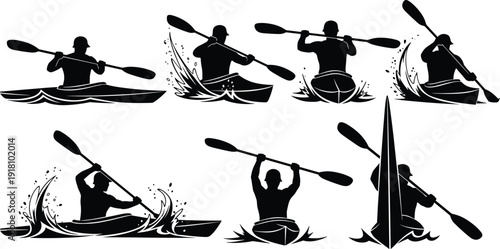 Black, and, white, vector, silhouette, set, of, kayakers, paddling, in, kayaks, water, sports, adventure, outdoor, recreation, competition, rowing, athlete, illustration.