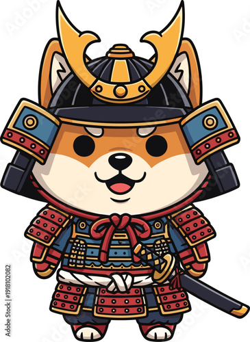 Cartoon vector illustration of Shiba Inu samurai dog wearing colorful red blue gold armor holding katana sword cheerfully