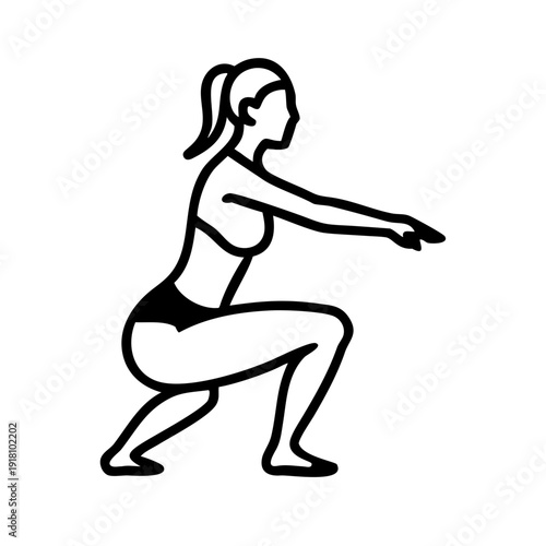 Woman in squat position with outstretched arms exercising at home